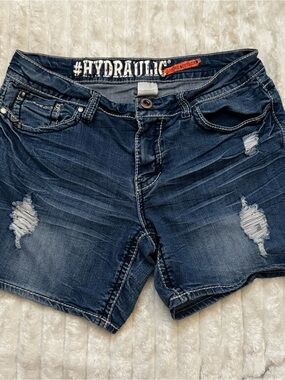 Hydraulic Distressed Dark Blue Denim Jean Shorts